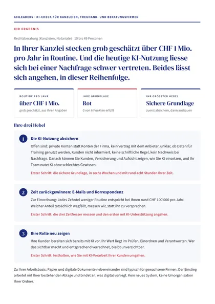Beispiel eines Ergebnisses: Einschätzung, drei Kennzahlen und die drei Hebel