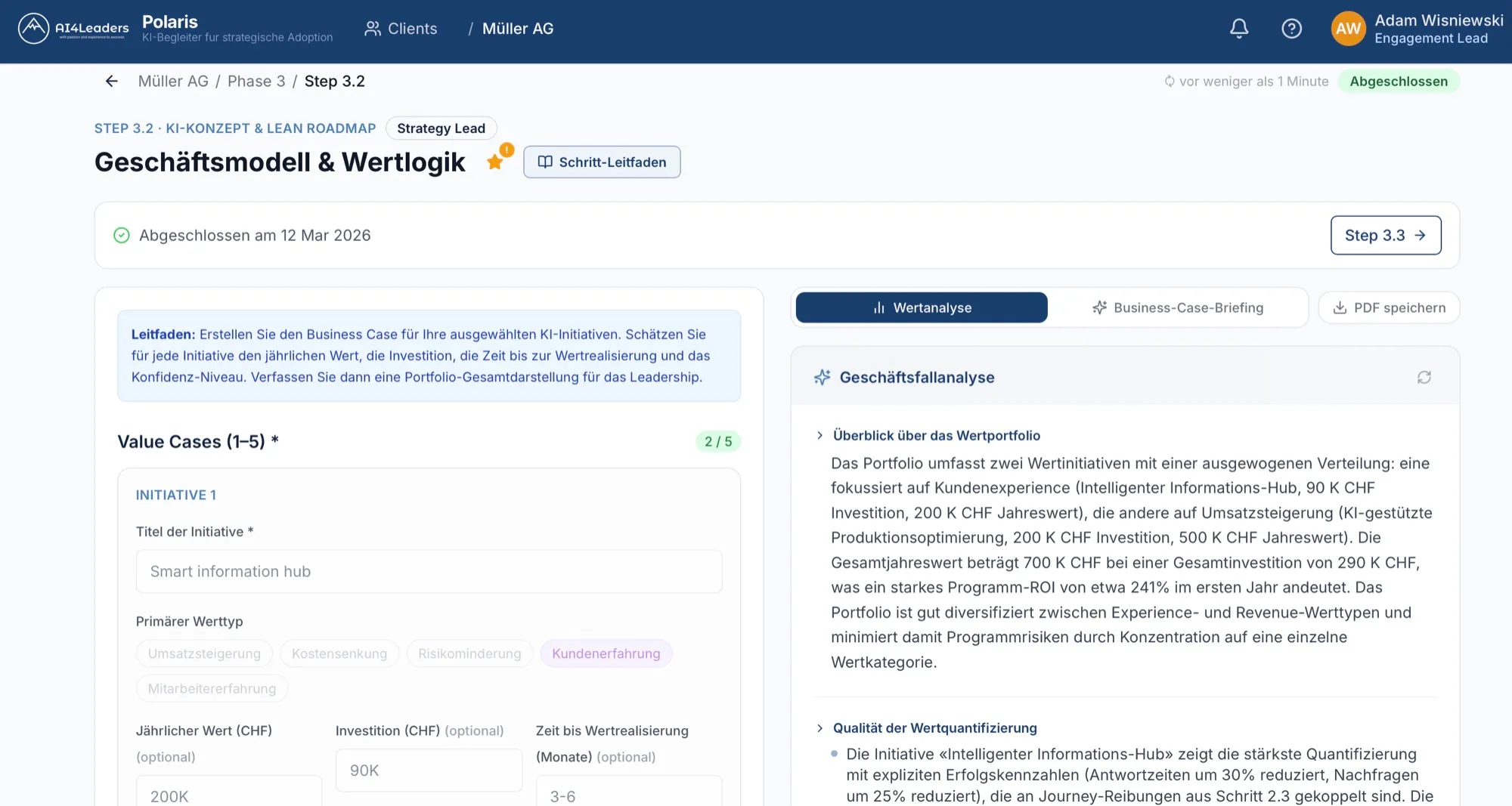 Polaris Arbeitsumgebung mit Eingabefeldern, KI-Analyse und KI-Review