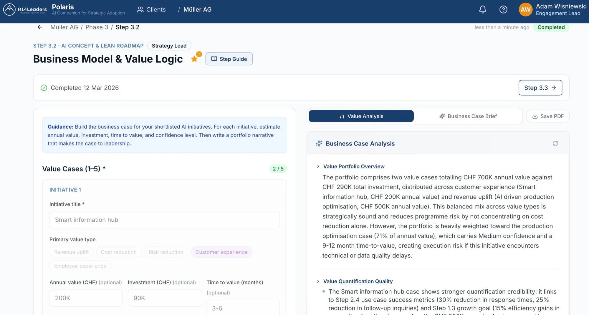 Polaris workspace with entry fields, AI analysis and AI review